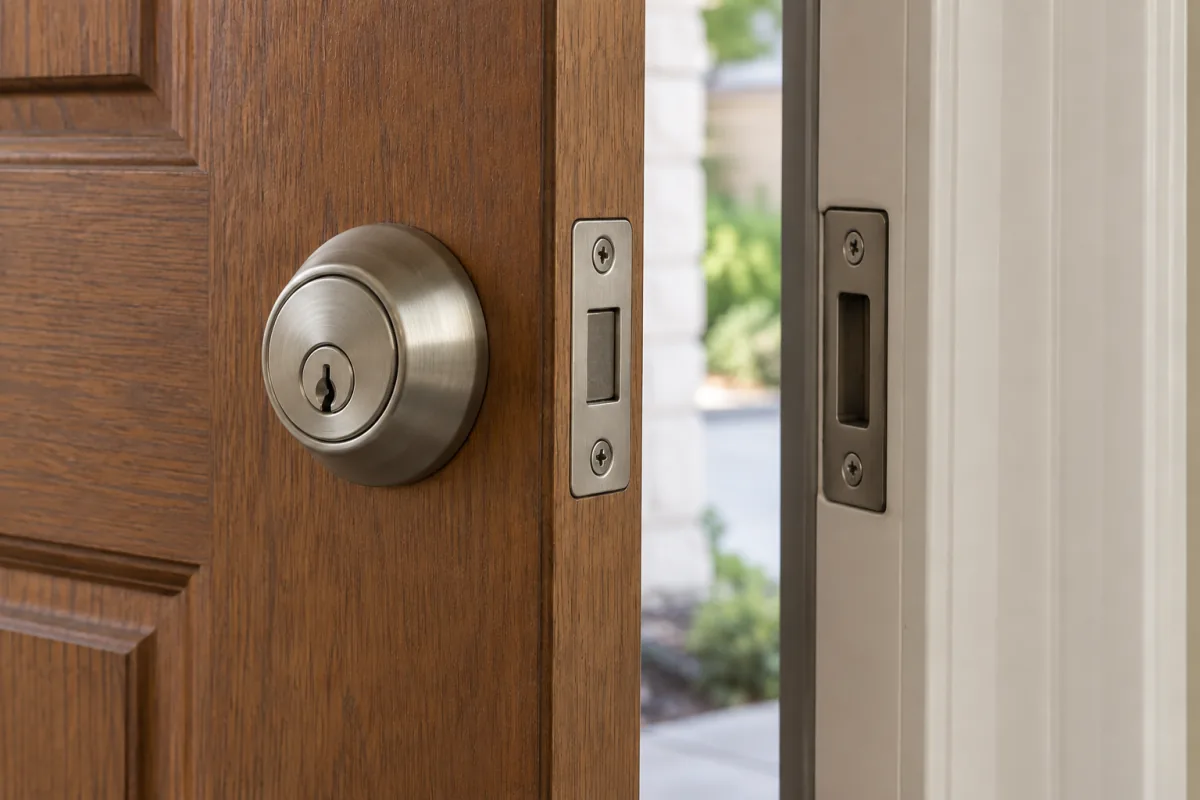 A partially open door showing a fitted deadbolt and its matching metal strike plate.