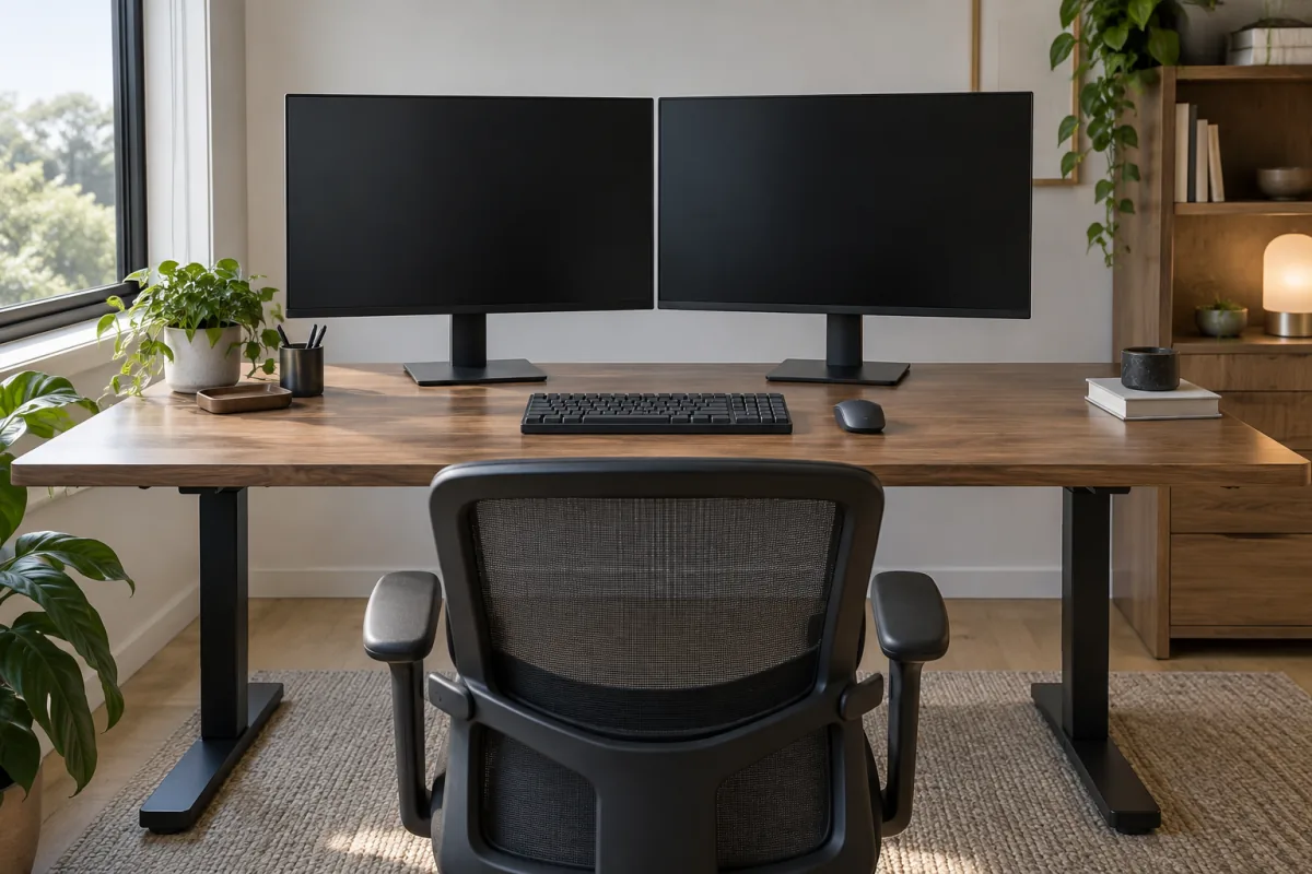 Two dark-screen monitors angled inward on a tidy home-office desk with a plain keyboard.
