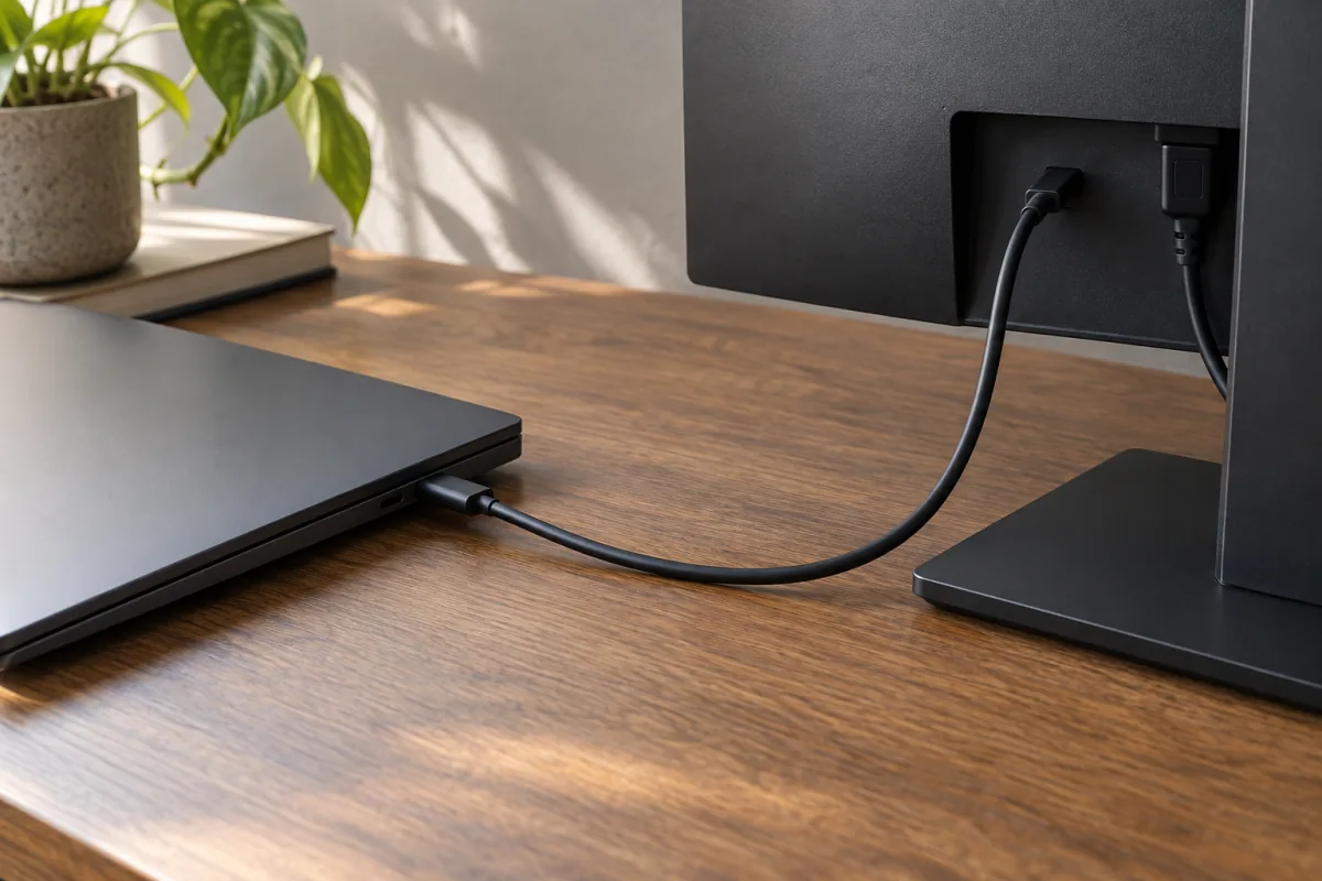 A USB-C cable links a plain laptop's side port to the rear of a desktop monitor.