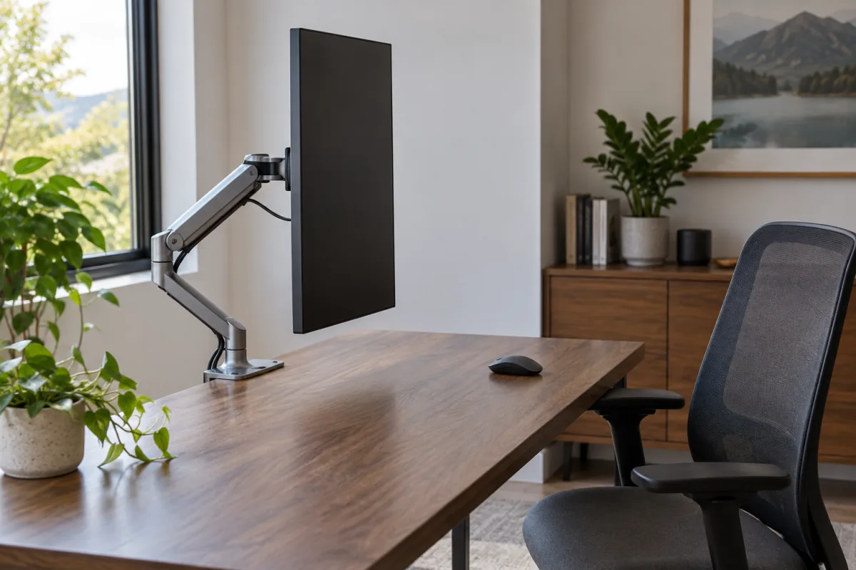A desktop monitor in portrait orientation on an adjustable arm beside an empty office chair.