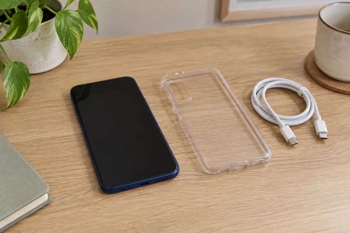 A generic smartphone with a dark screen rests beside a simple case and USB-C charging cable.