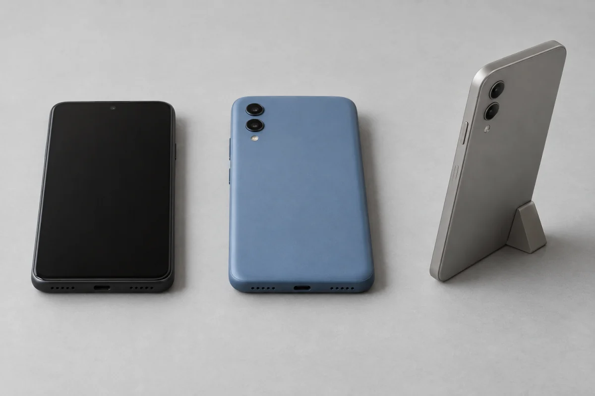 Three generic phones show simple differences in size, finish and camera layout.