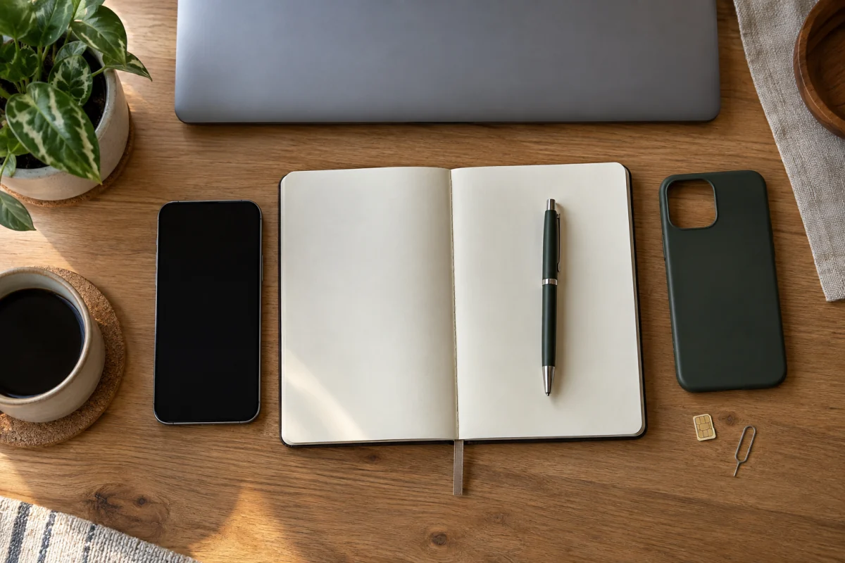 A phone, blank notebook, simple case and closed laptop are arranged for purchase checks and setup.