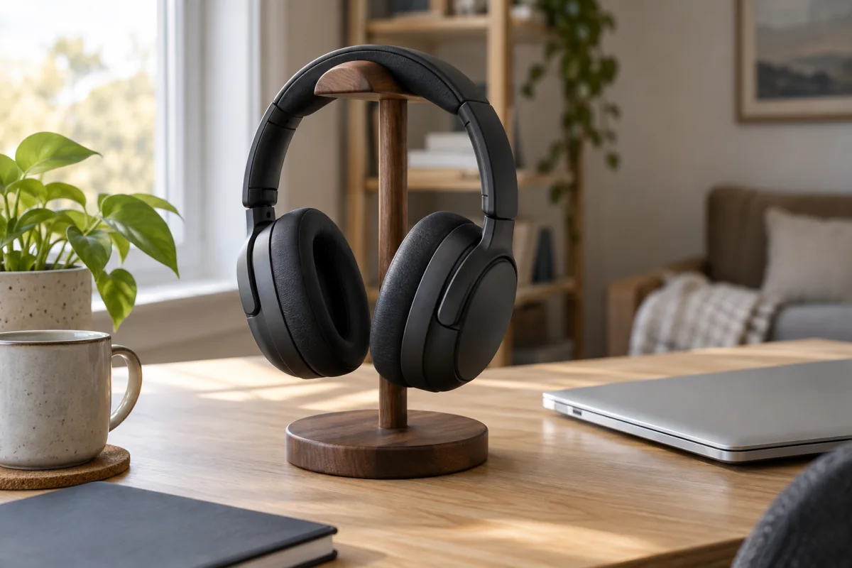 Generic over-ear headphones on a stand beside a closed laptop in a home office
