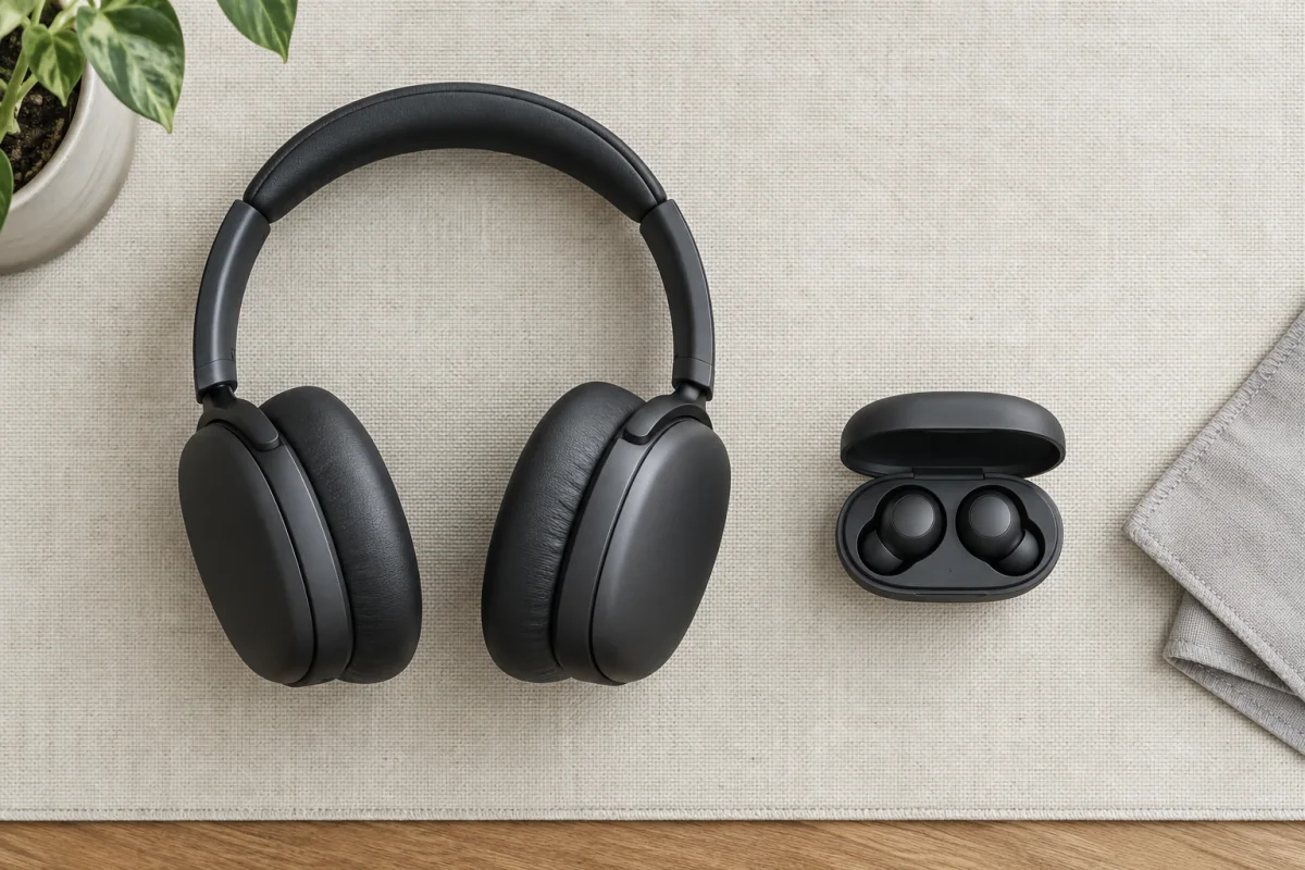 Generic over-ear headphones beside compact earbuds in an open charging case