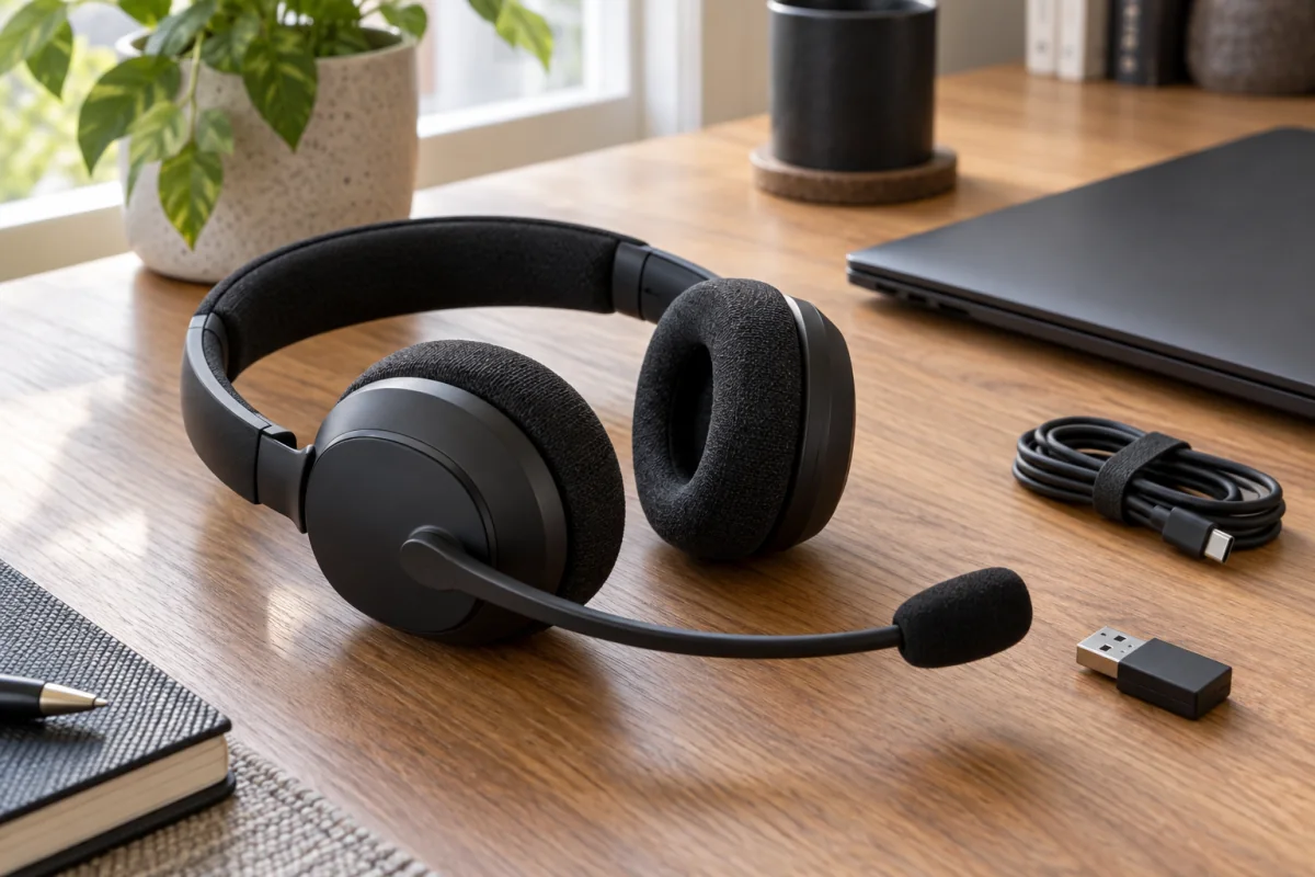 A generic boom-microphone headset and USB receiver beside a closed work laptop
