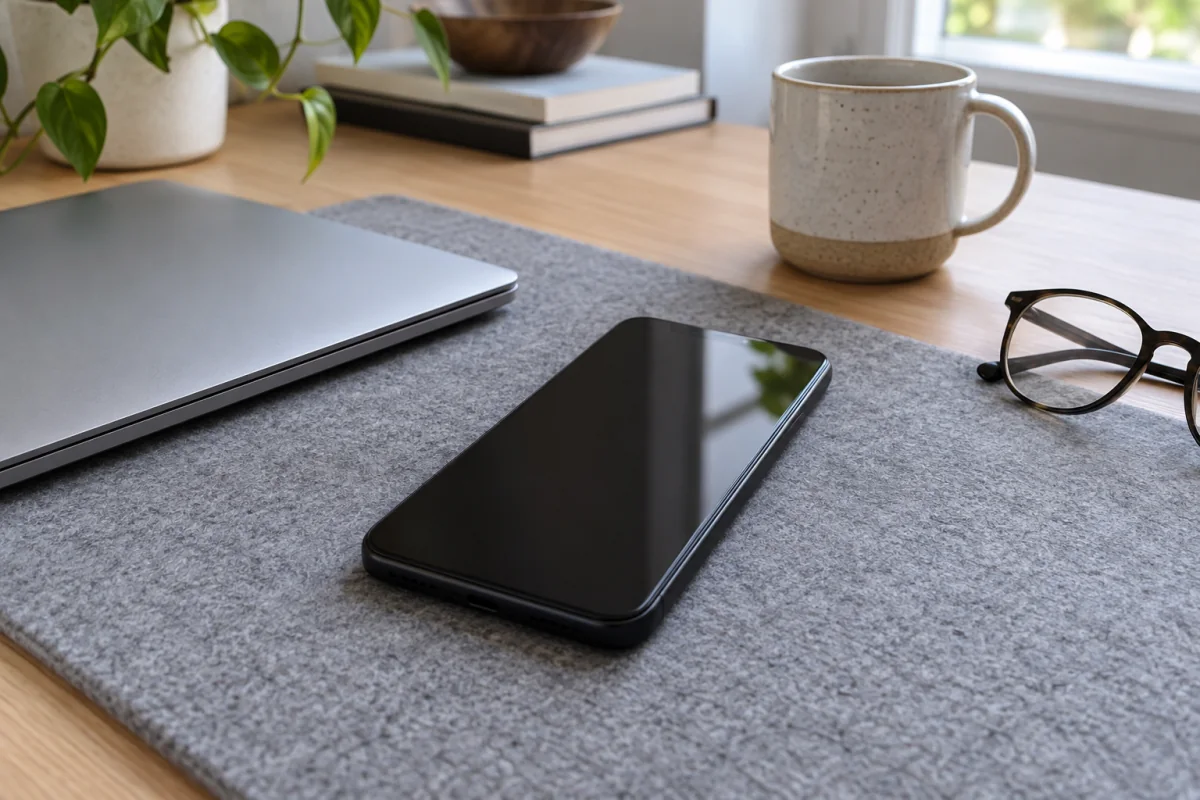 A generic phone with a dark screen on a quiet home desk beside a closed laptop