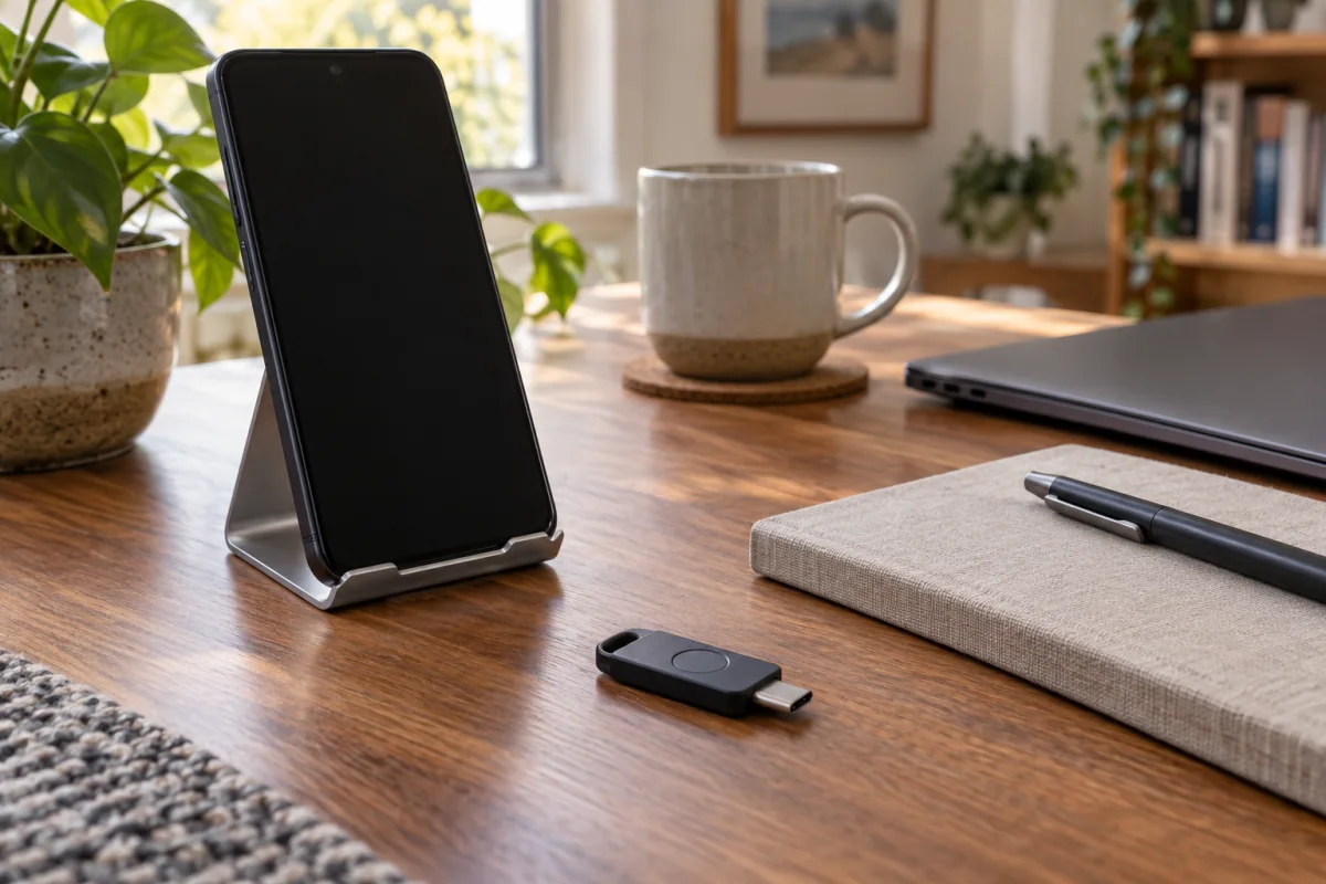 A generic phone and compact USB security key on a clean personal desk