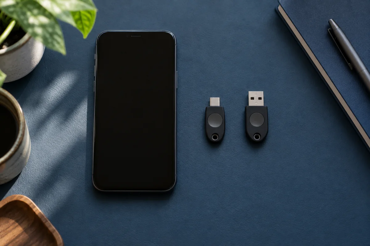A generic smartphone and two compact hardware authentication keys on a desk