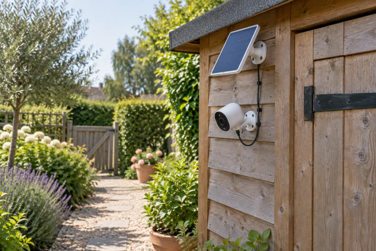 A generic outdoor security camera and separate solar panel on a garden shed