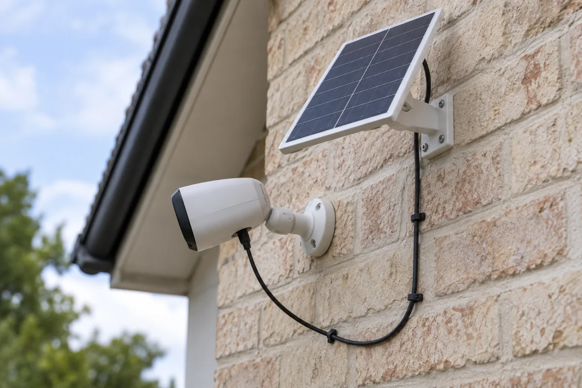 Close view of a solar-panel bracket and a camera cable with a downward drip loop