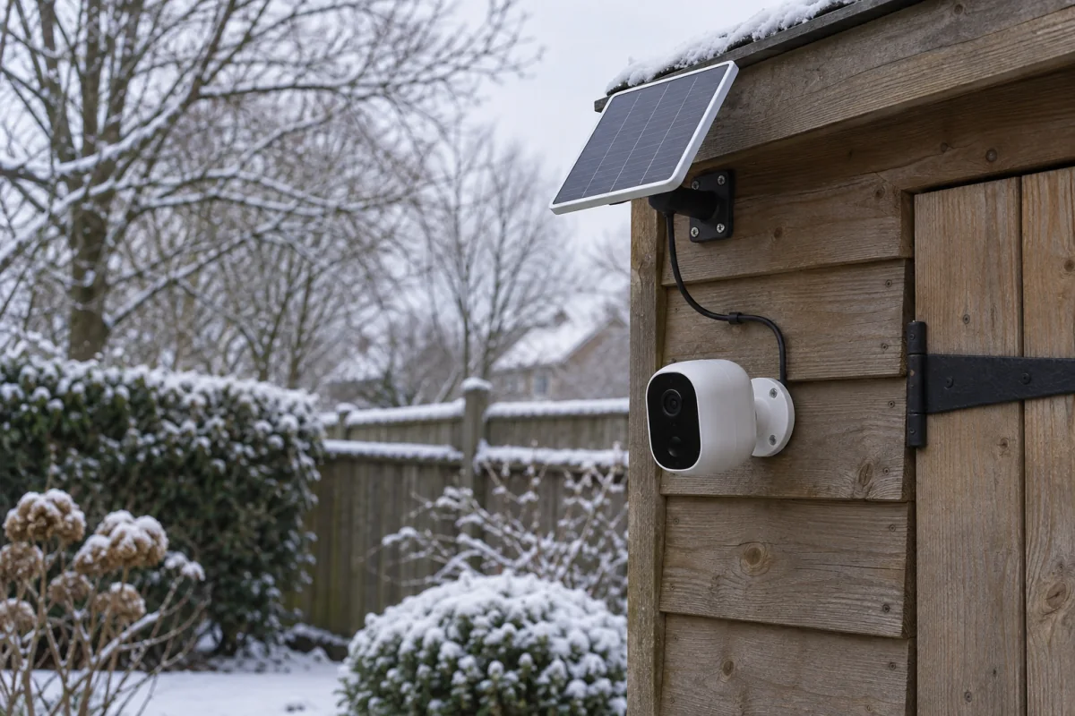 A generic solar security camera installation beside a lightly snow-covered winter garden