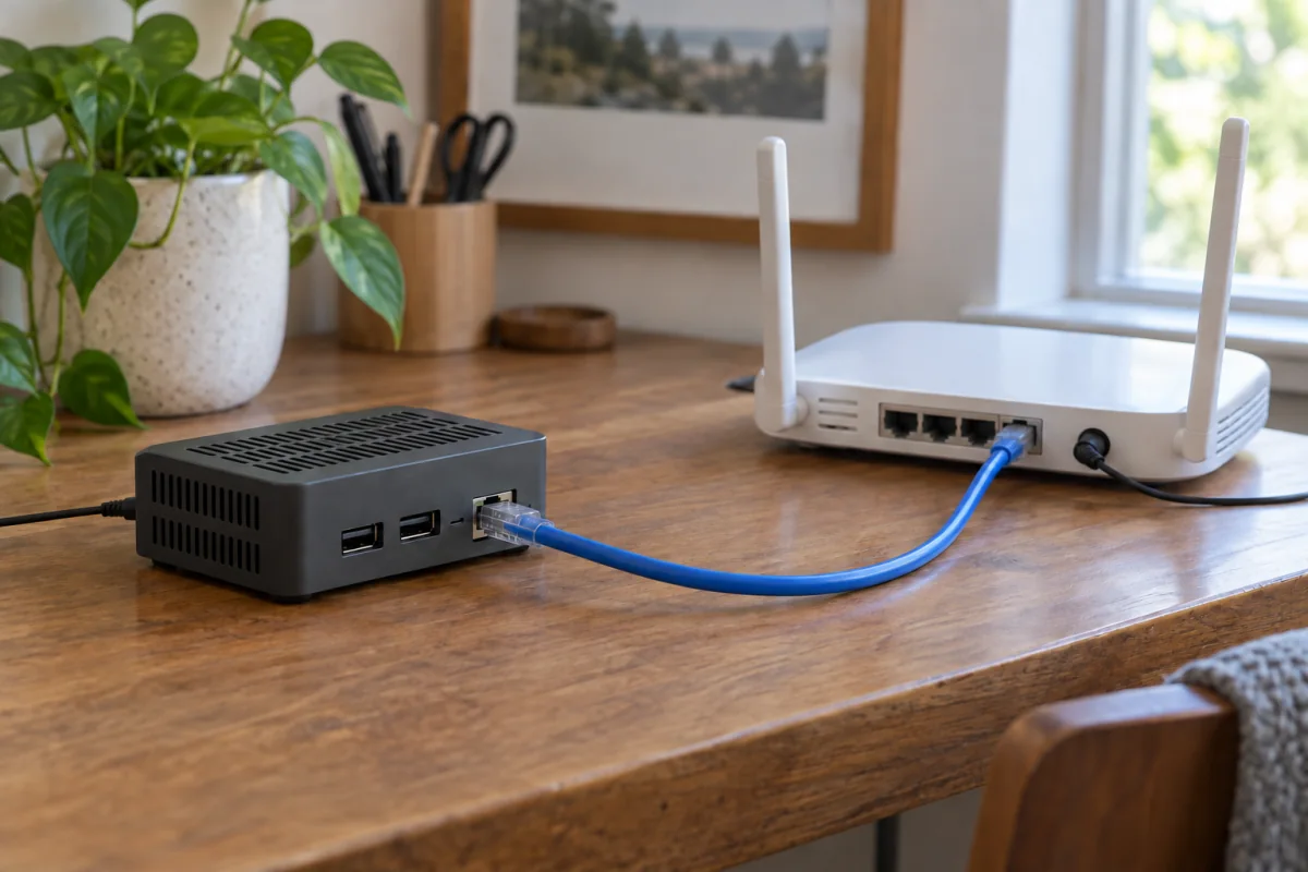 A generic compact home server connected by Ethernet to a home router