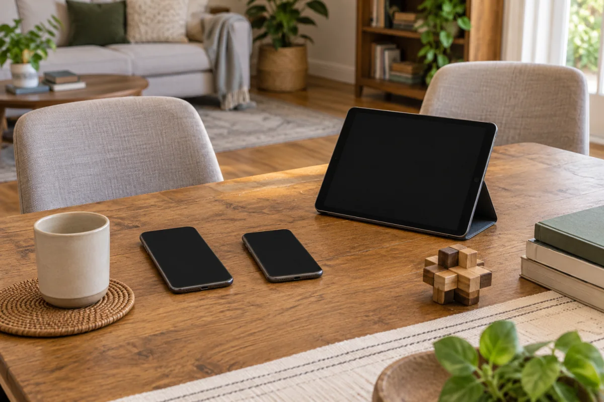 Two generic phones and a tablet on a shared family table