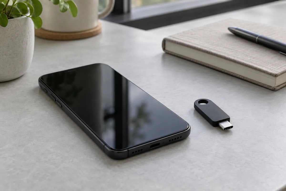 Generic smartphone beside a hardware security key and closed notebook on a quiet desk.