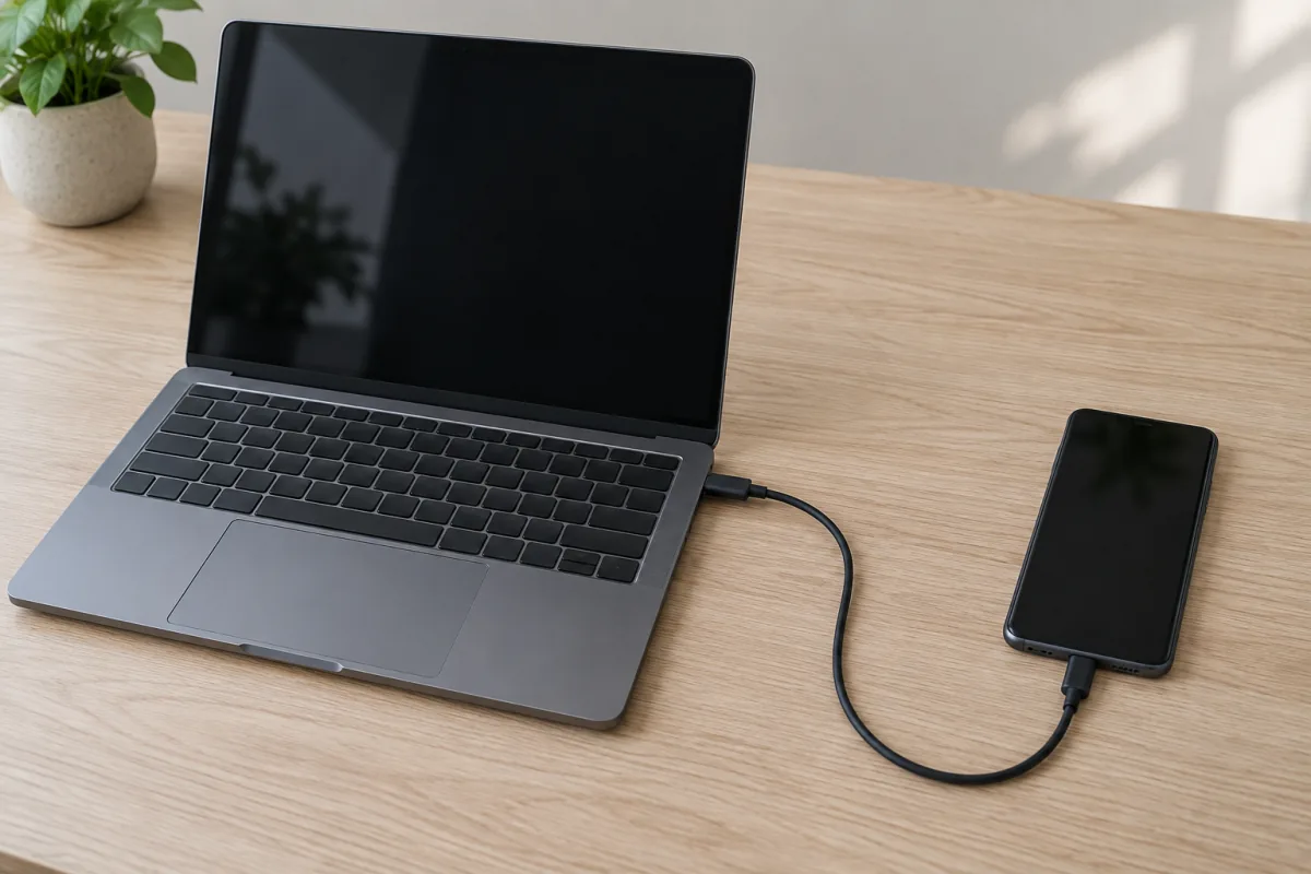 A smartphone connected to a laptop by one USB-C cable on a tidy desk.