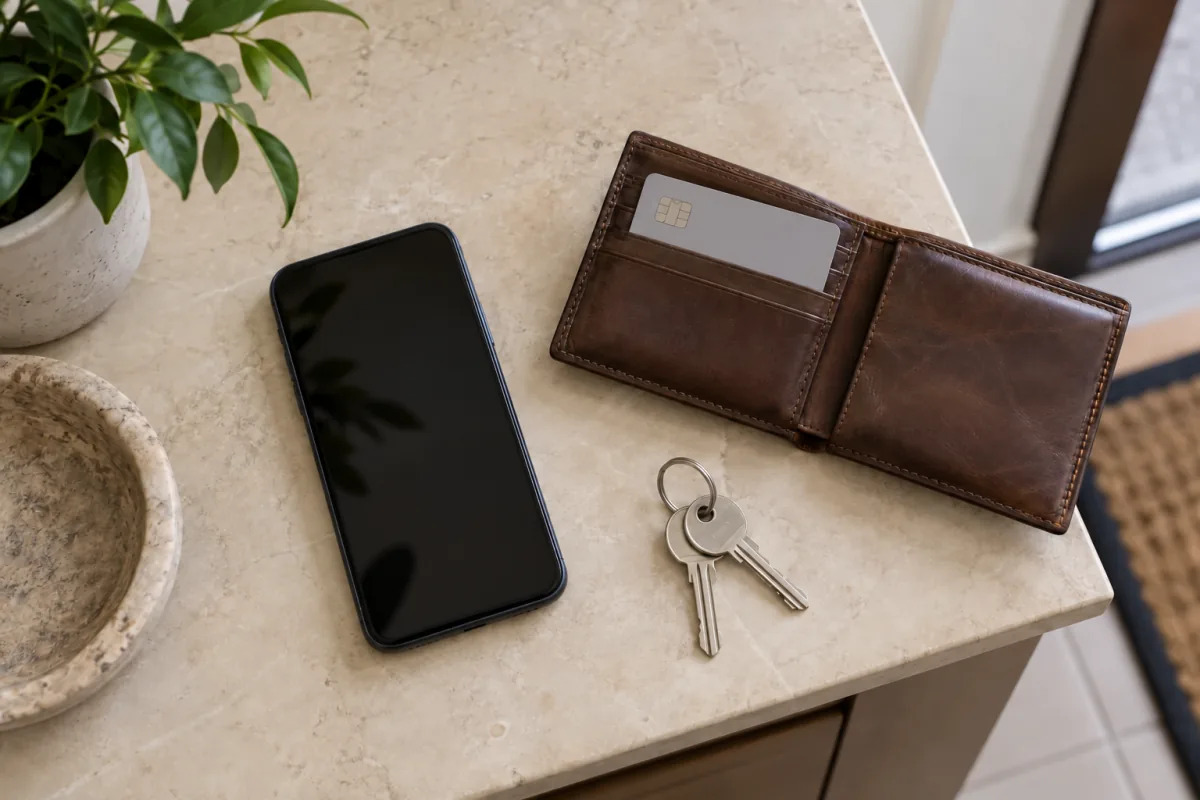 A dark-screen smartphone beside a leather wallet, blank payment card and house keys.