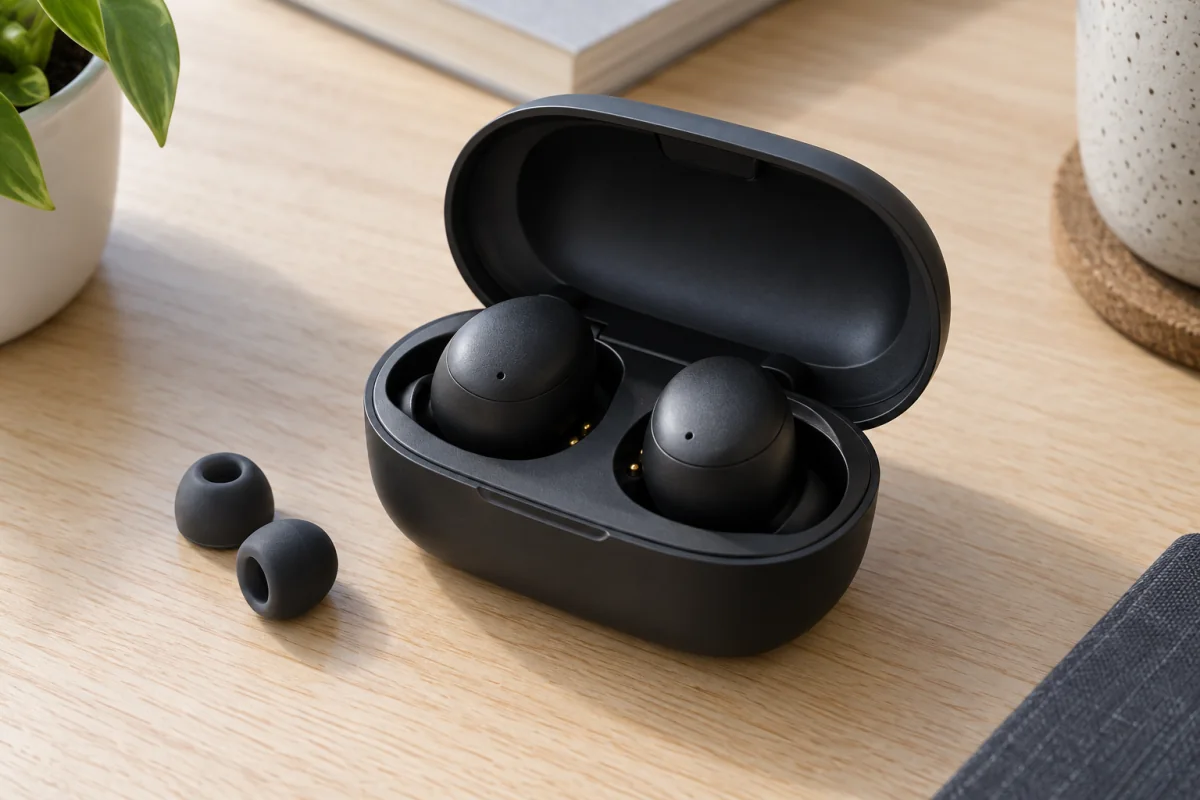 Unbranded wireless earbuds in an open charging case beside spare silicone tips.