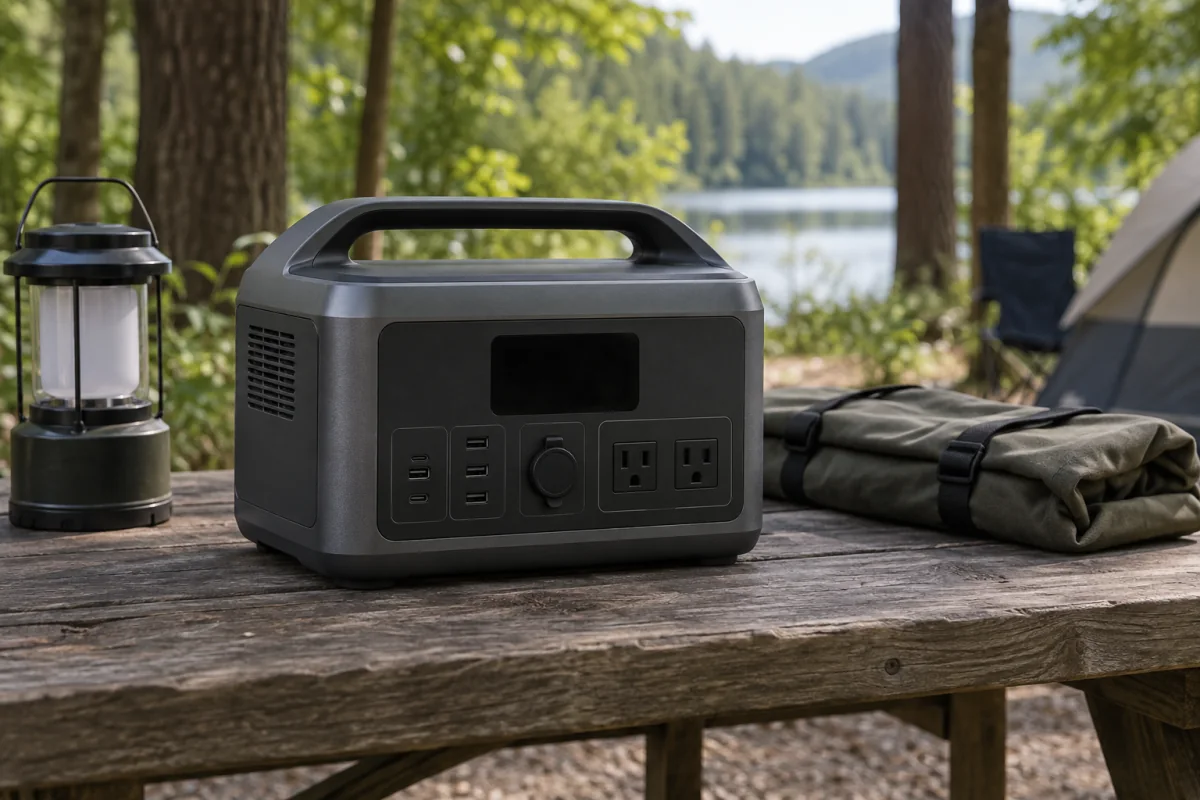 A portable battery power station beside camping gear on a shaded picnic table.