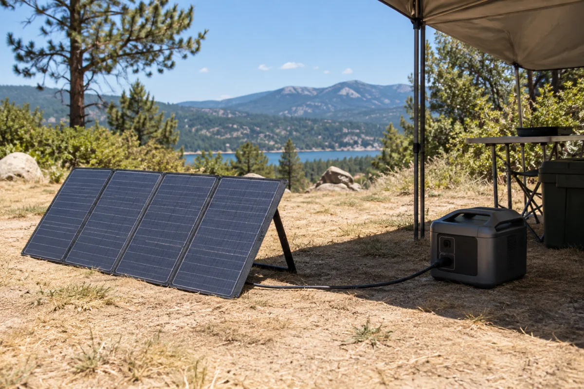 A folding solar panel in sunlight with a portable power station sheltered in nearby shade.
