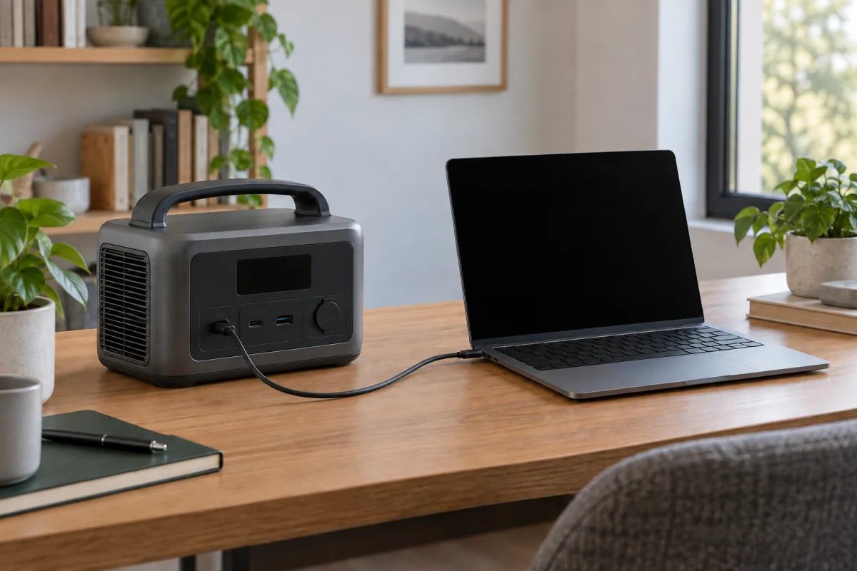 A portable power station connected by cable to a laptop in a home office.