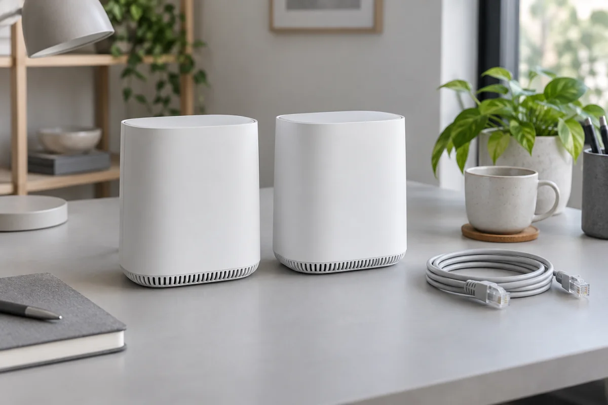 Two generic mesh Wi-Fi units arranged on a home office desk.