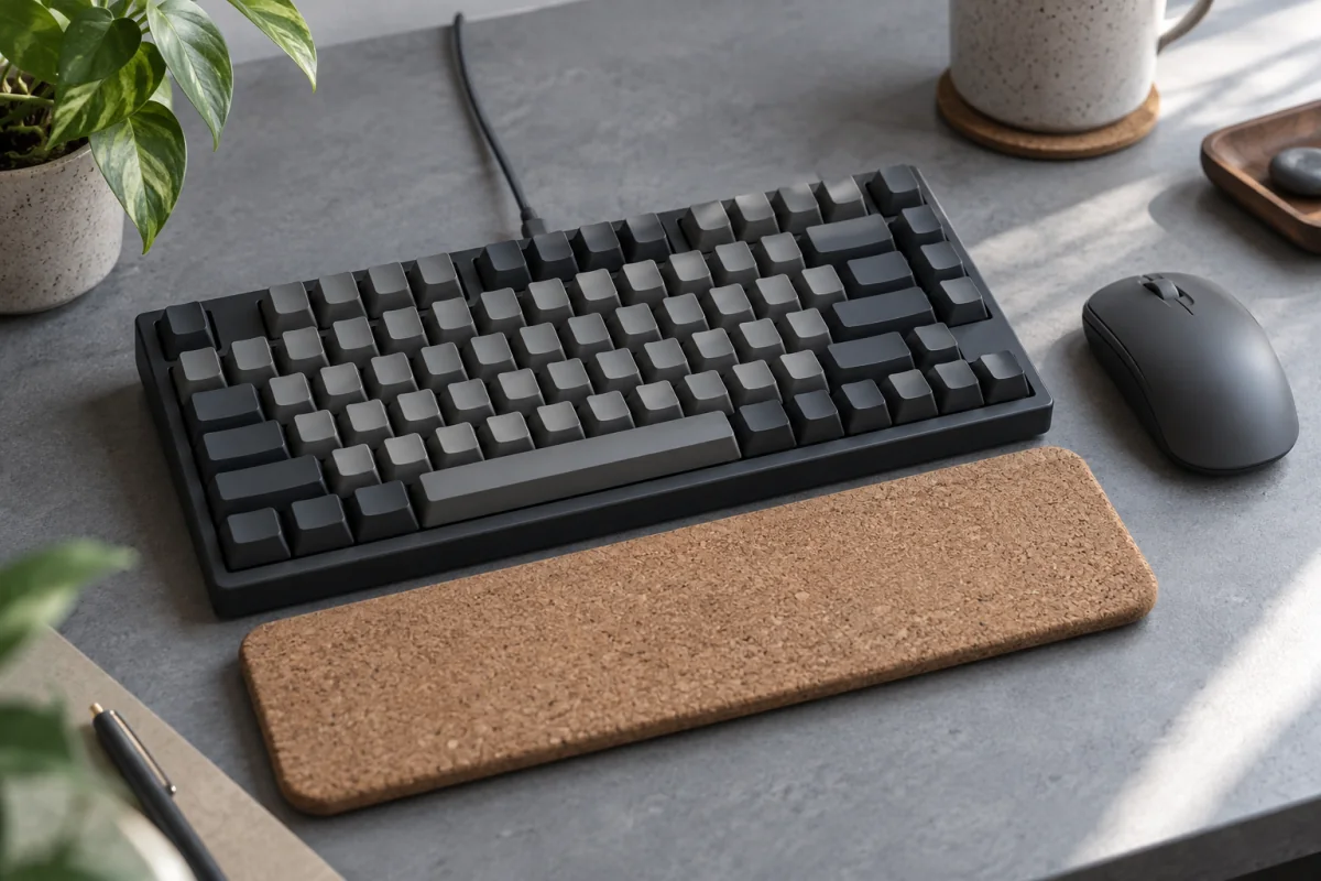 A compact mechanical keyboard with blank keycaps beside a mouse and wrist rest.