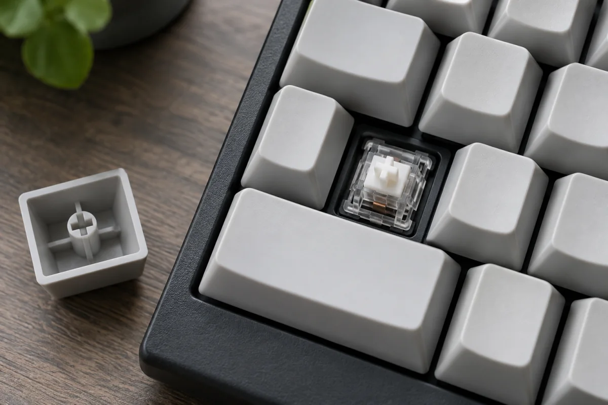 A removed blank keycap reveals a mechanical switch inside a keyboard.