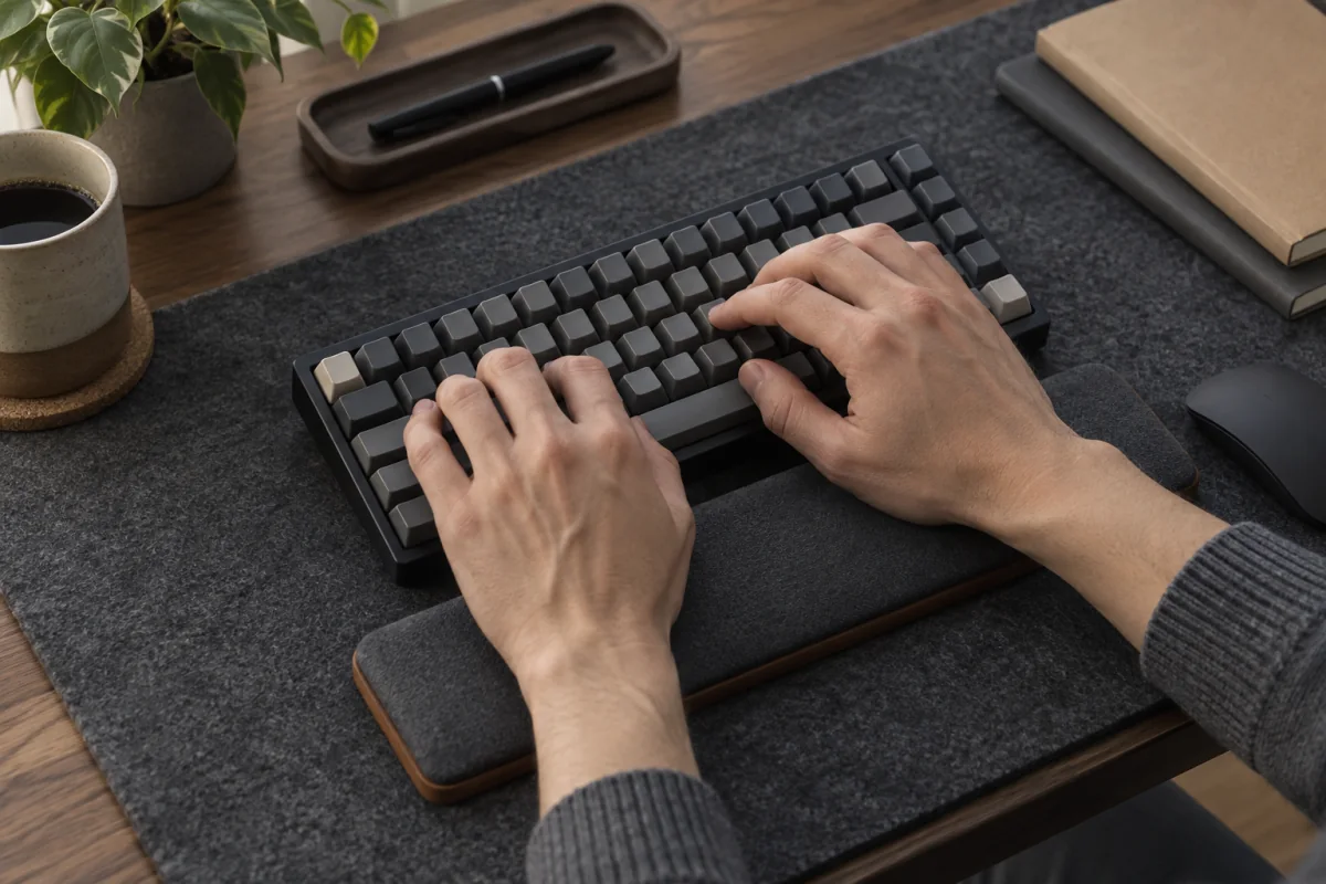 Hands typing on a blank-keycap keyboard with wrists aligned over a flat desk mat.