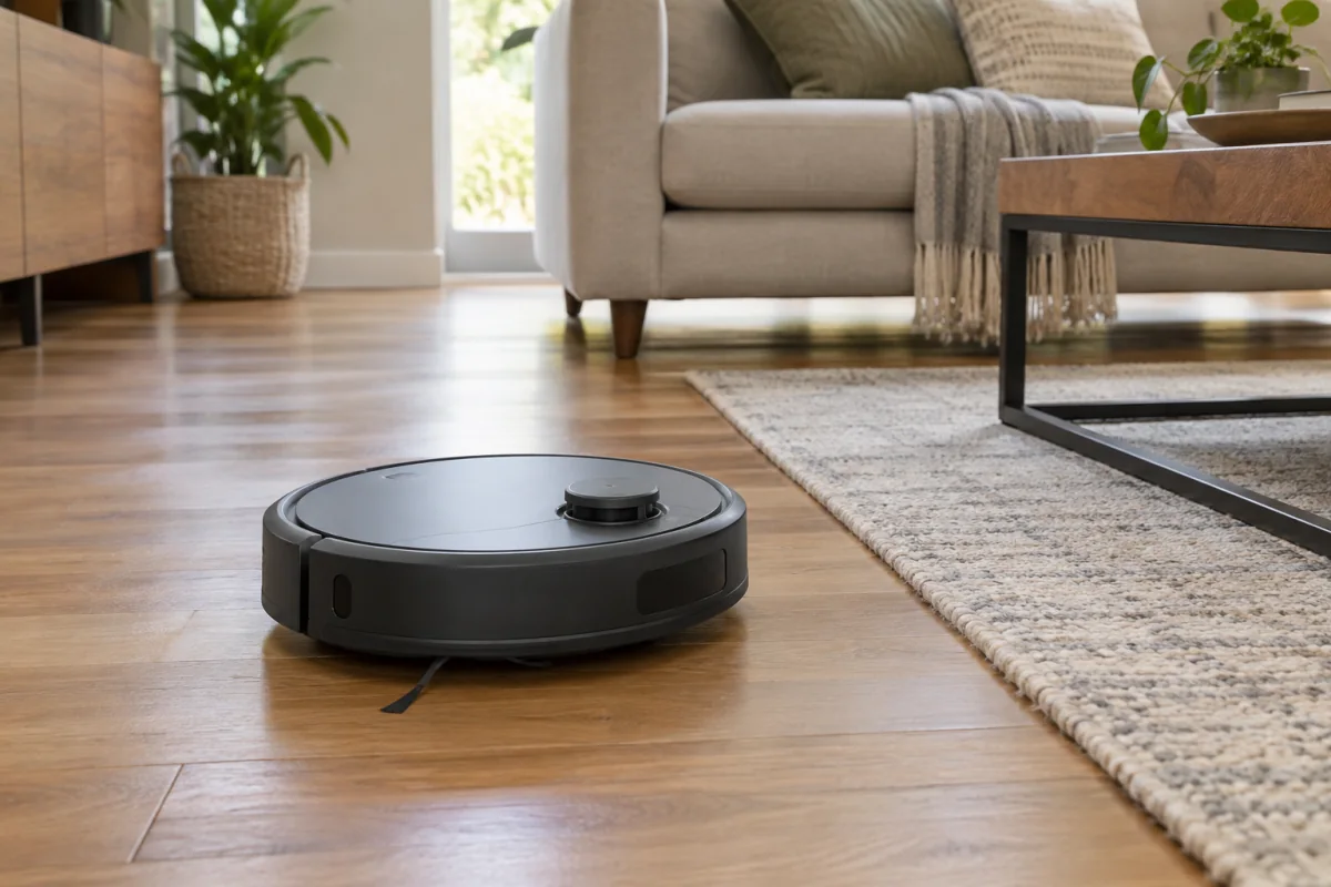 An unbranded robot vacuum on a clear wooden floor beside a low-pile rug.
