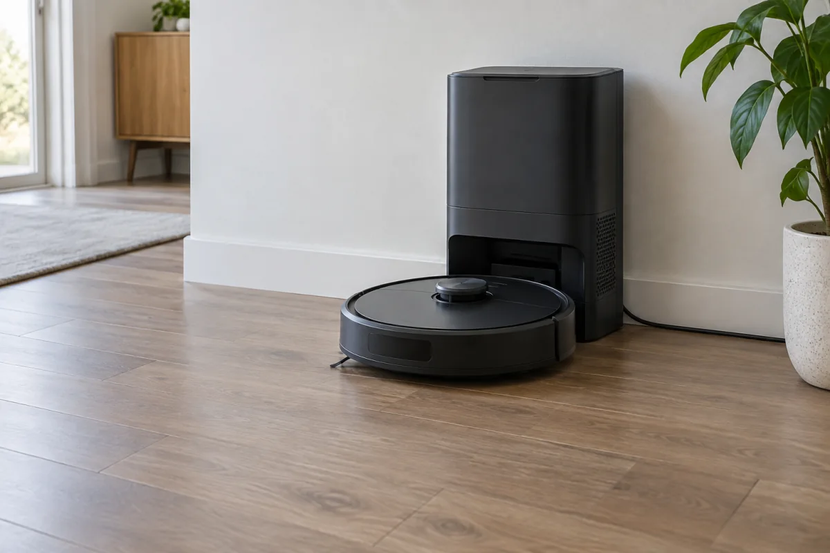 A robot vacuum parked beside its self-emptying dock against a wall.