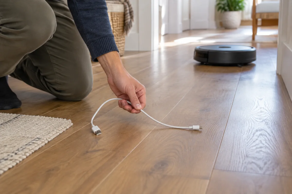 An adult gathers a loose cable from the floor before a robot vacuum run.