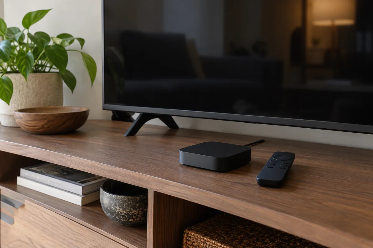 A generic streaming box and unmarked remote beneath a television with its screen off.