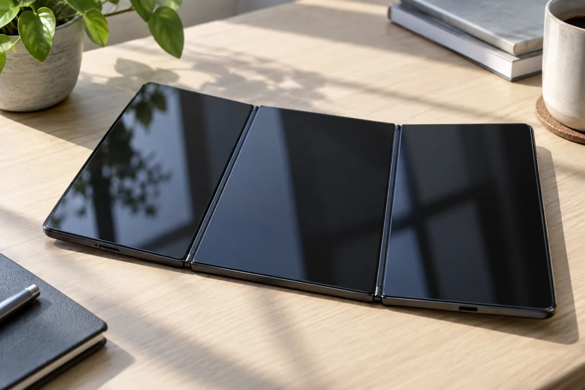 An unbranded tri-fold phone concept opened into three connected screen sections.