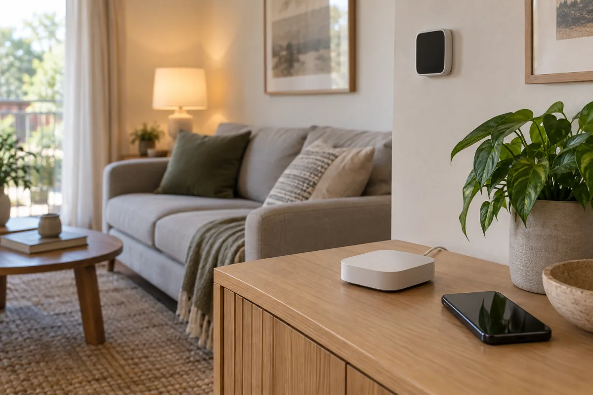 A small home hub and dark-screen phone sit near a lit lamp in an ordinary living room.