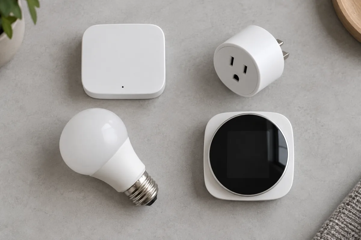 A home hub, smart plug, light bulb and blank-screen thermostat arranged as starter components.