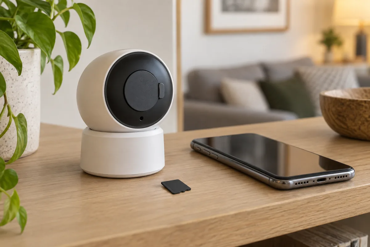 An indoor camera with its opaque lens cover closed beside a blank memory card and dark-screen phone.