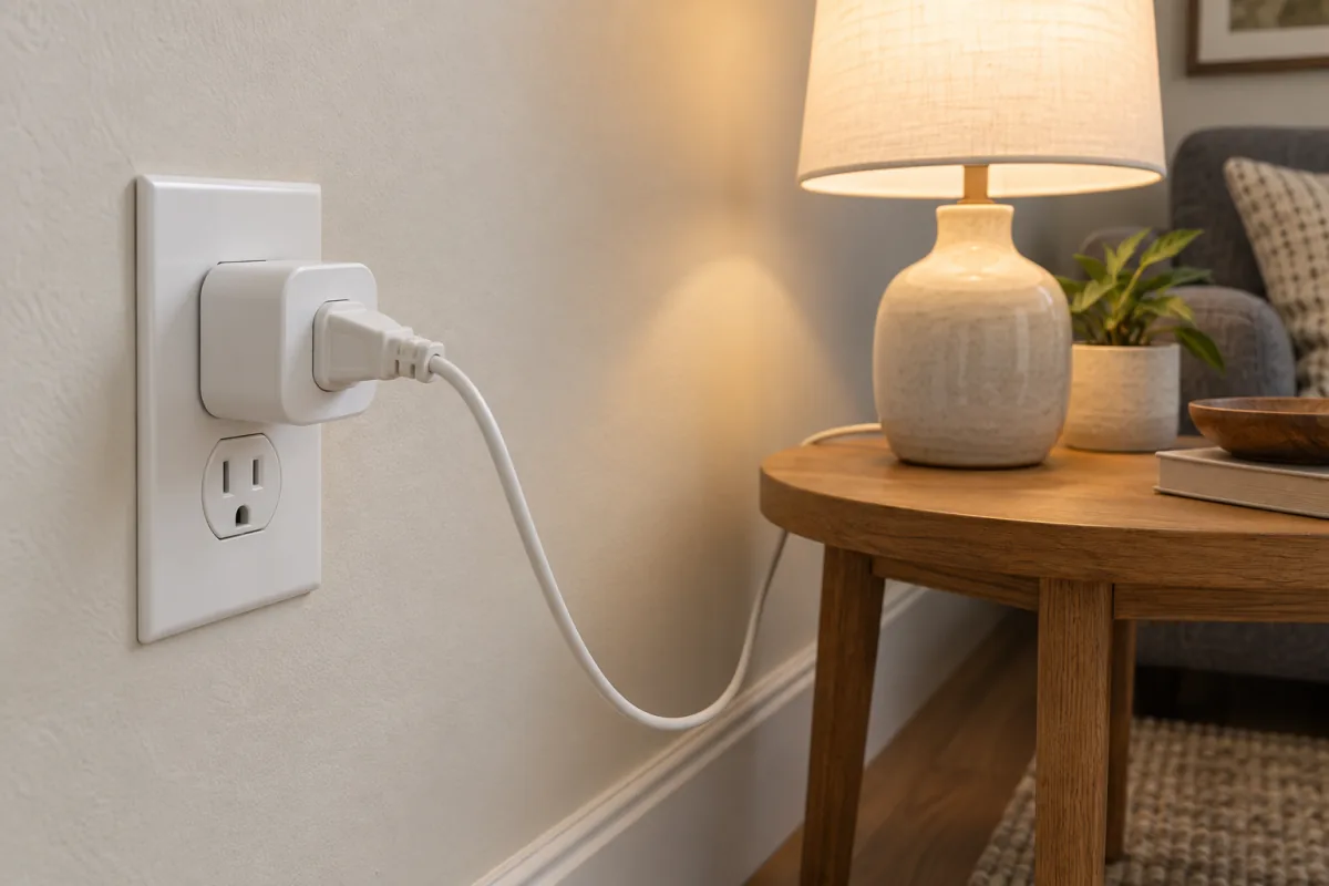 A compact smart plug connects a table lamp directly to a wall outlet.
