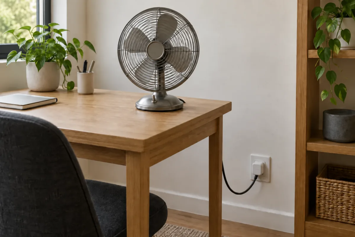 A tabletop fan with a mechanical switch connects through a smart plug in a wall outlet.