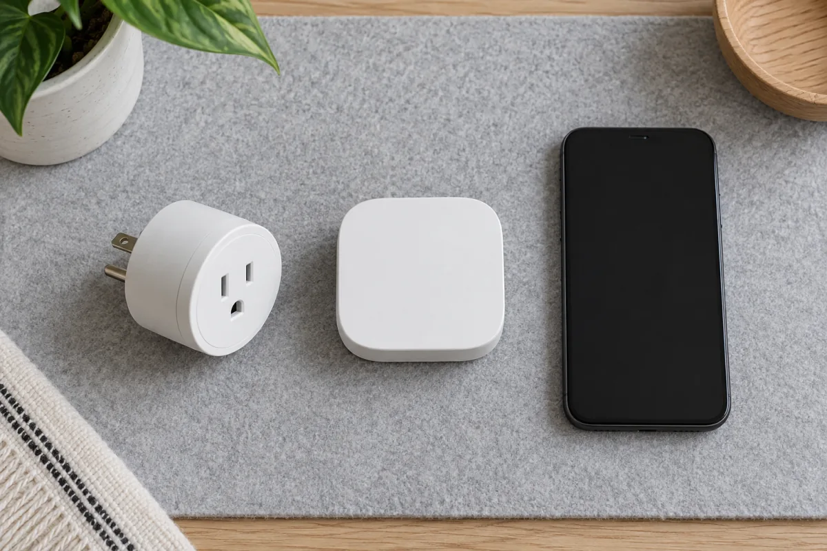 An unplugged smart plug, a compact home hub and a dark-screen phone on a clean tabletop.