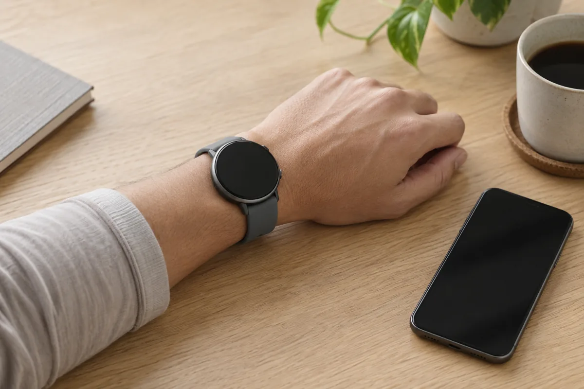 A generic smartwatch with a dark screen worn beside a phone resting on a table.