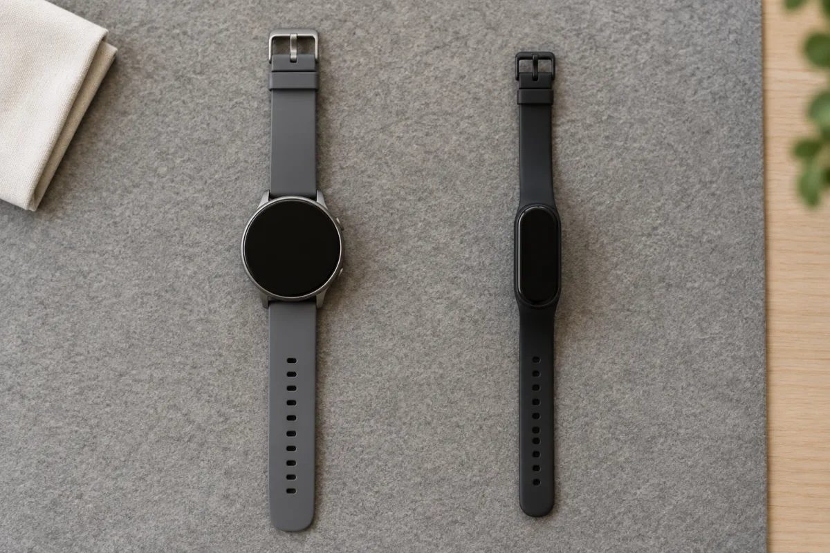A round smartwatch and a slim fitness band displayed side by side with both screens dark.