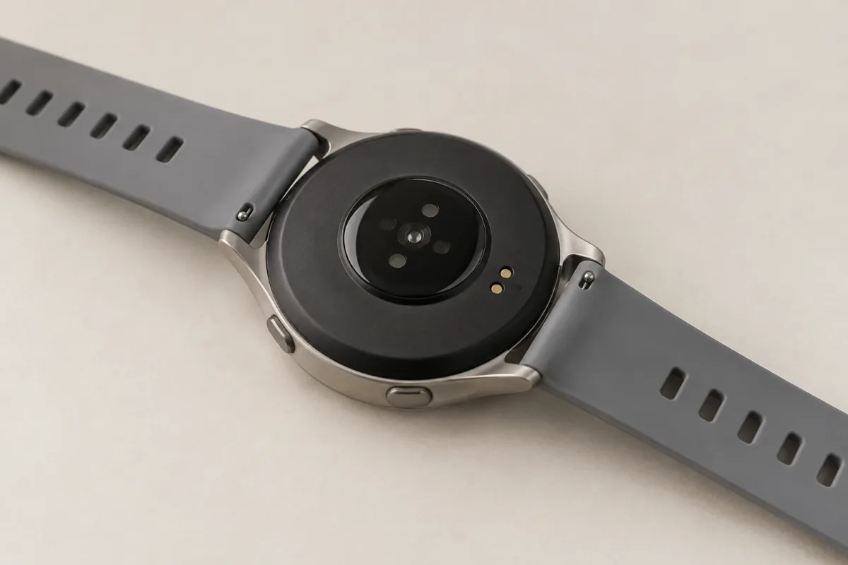 The underside of an unbranded smartwatch shows dark sensor windows and its open strap.