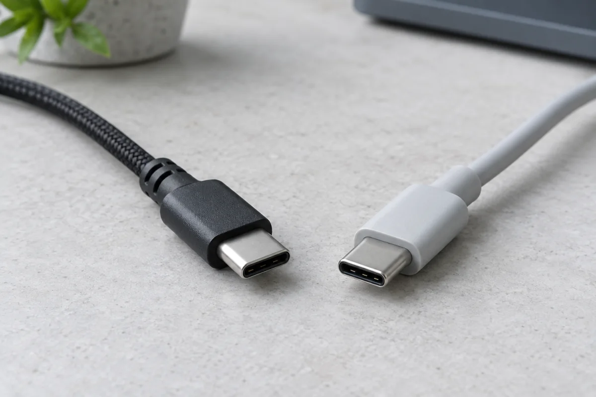 Two USB-C cable plugs with reversible oval connectors on a neutral desk