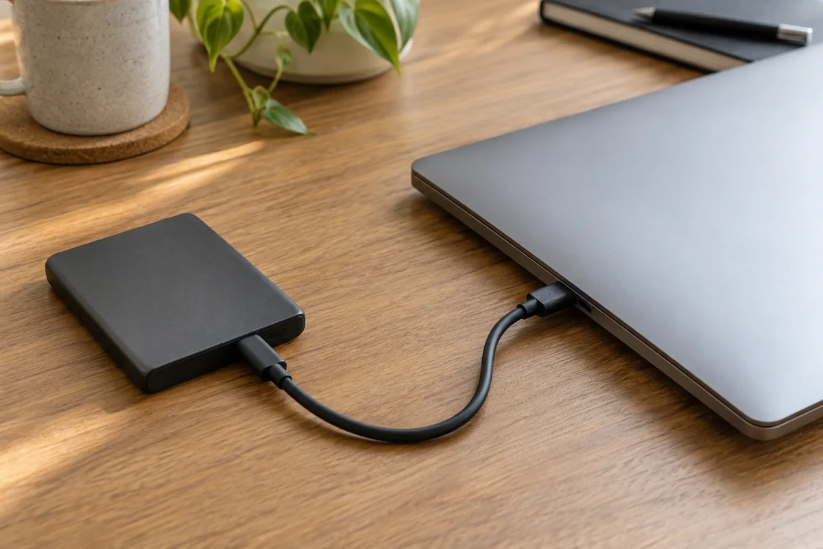 A compact external drive connected to a generic laptop with a short USB-C cable