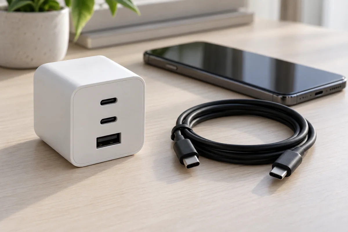 A generic multi-port charger, coiled USB-C cable and phone with its screen off
