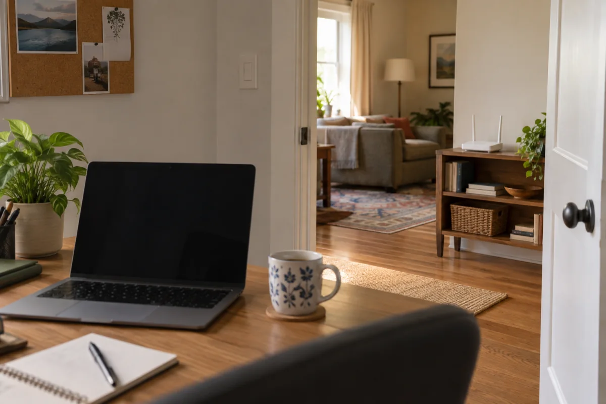 A router in an open living area viewed through a doorway from a desk with a dark laptop