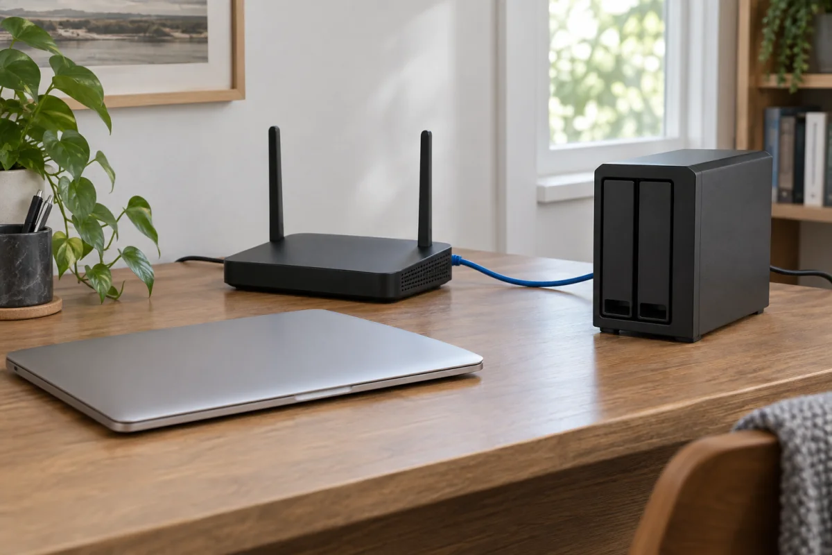 Generic router, closed laptop and compact network storage on a home office desk